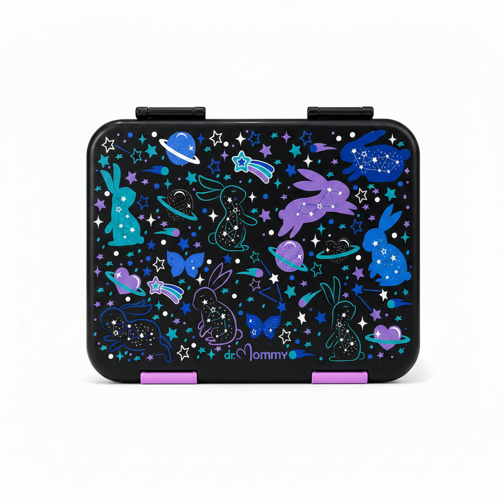 Black lunch box and water bottle with space-themed design on a white background