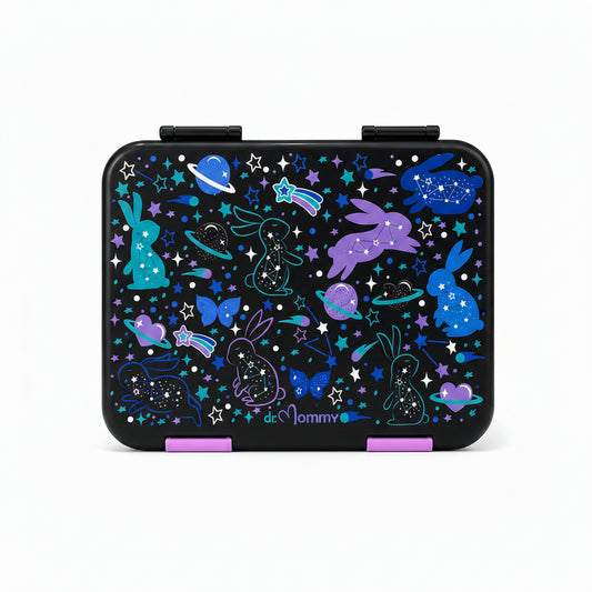 Black lunch box and water bottle with space-themed design on a white background