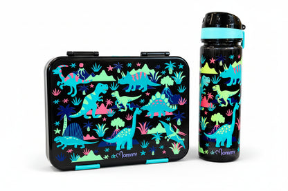 Lunch box and water bottle set with dinosaur design on a white background